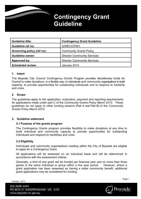Contingency Grants Guideline - Bayside City Council - Vic.gov.au
