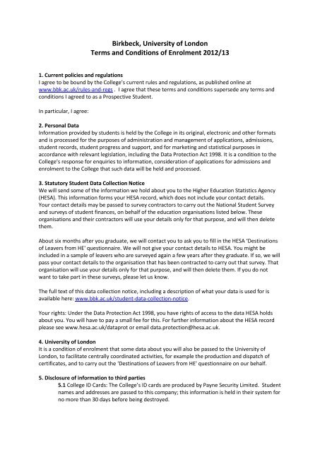 Birkbeck, University of London Terms and Conditions of Enrolment ...