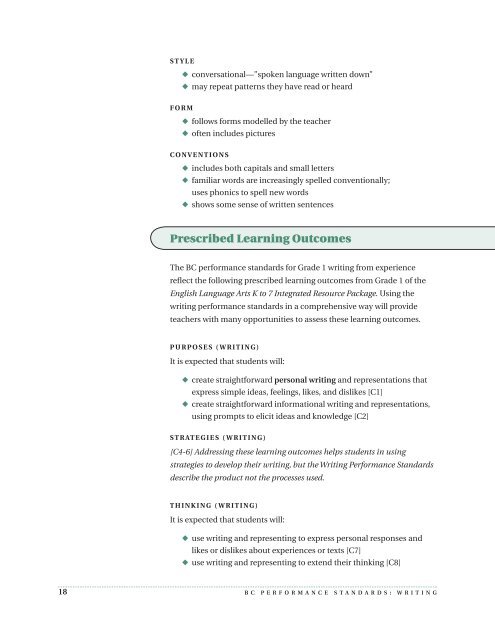 BC Performance Standards - Writing - Grade 1