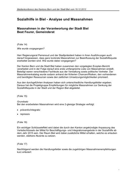 Referat Beat Feurer, Gemeinderat Biel, Sozialhilfe ... - Kanton Bern