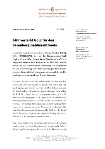 S&P verleiht Gold für den Berenberg ... - Berenberg Bank