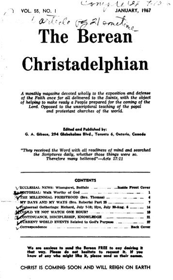 The Berean Christadelphian - 1967 - The Berean Ecclesial News