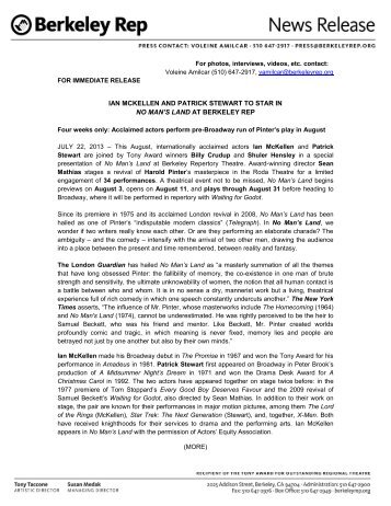 FOR IMMEDIATE RELEASE - Berkeley Repertory Theatre