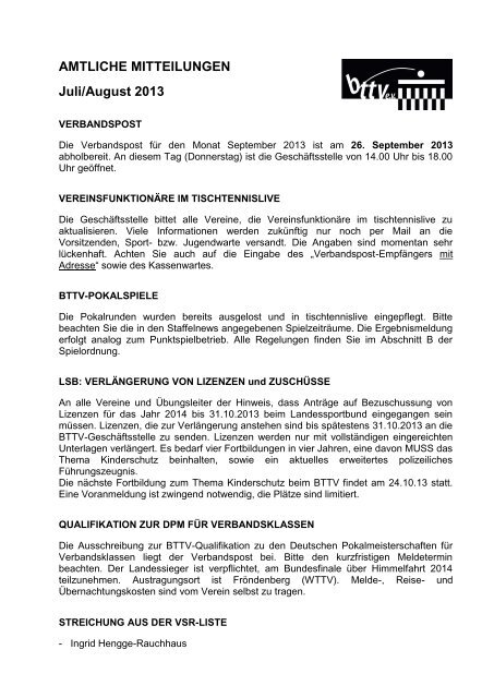 Verbandsnachrichten August 2013 - Berliner Tisch-Tennis Verband
