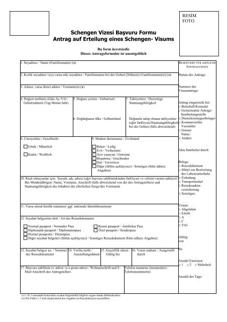 Schengen Vizesi Başvuru Formu Antrag auf Erteilung eines ...