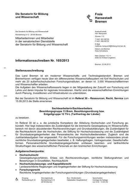 Informationsschreiben Nr. 165/2013 Stellenausschreibung