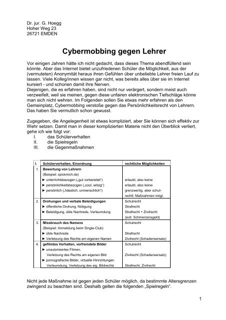(PDF) Tipps Dr. jur. G. Hoegg - Cybermobbing gegen Lehrer ...