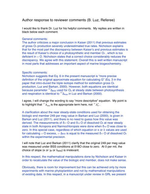 Author Response To Reviewer Comments B Luz Referee 
