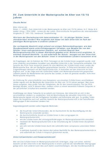 XV. Zum Unterricht in der Muttersprache im Alter von 15/16 Jahren