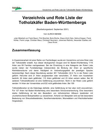 Verzeichnis und Rote Liste der Totholzkäfer Baden-Württembergs