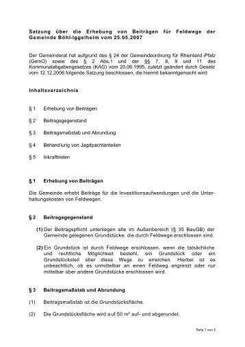 Erhebung von Beiträgen für Feldwege - Gemeinde Böhl-Iggelheim