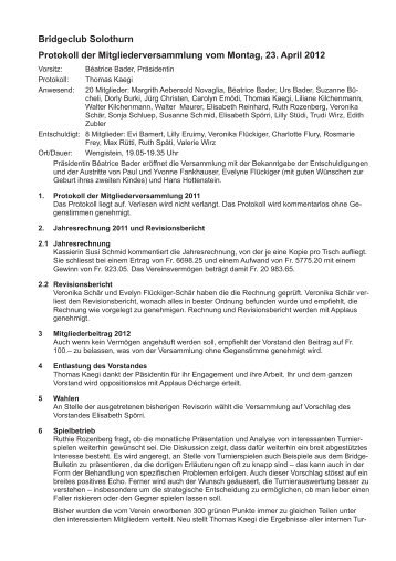 Bridgeclub Solothurn Protokoll der Mitgliederversammlung vom ...