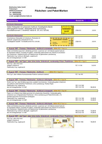 Preisliste Päckchen- und Paket-Marken - Briefmarken HALLER