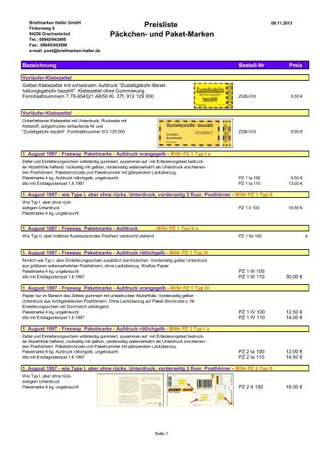 Preisliste Päckchen- und Paket-Marken - Briefmarken HALLER