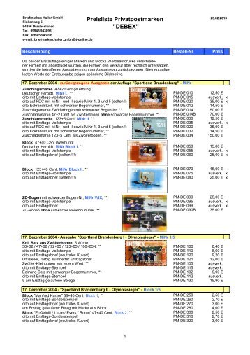 Preisliste Privatpostmarken "DEBEX" - Briefmarken HALLER