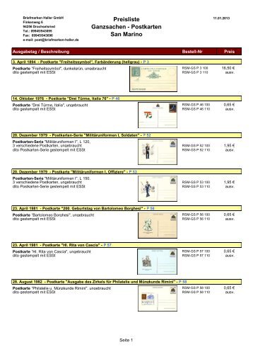 Preisliste Ganzsachen - Postkarten San Marino - Briefmarken HALLER