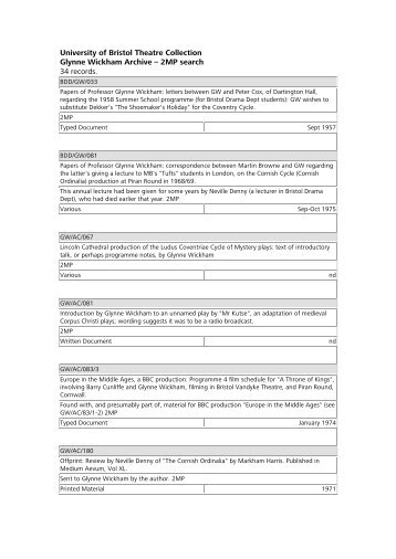 Glynne Wickham Archive 2MP search - Bristol University homepage