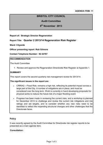 Quarter 2 2013/14 Regeneration Risk Register - Bristol City Council