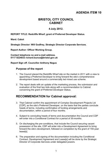 grant of preferred developer status - Bristol City Council