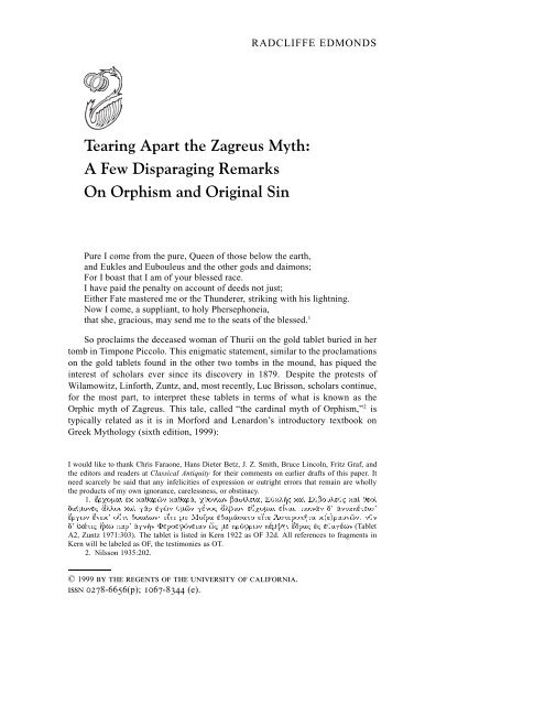 Tearing Apart The Zagreus Myth Bryn Mawr College