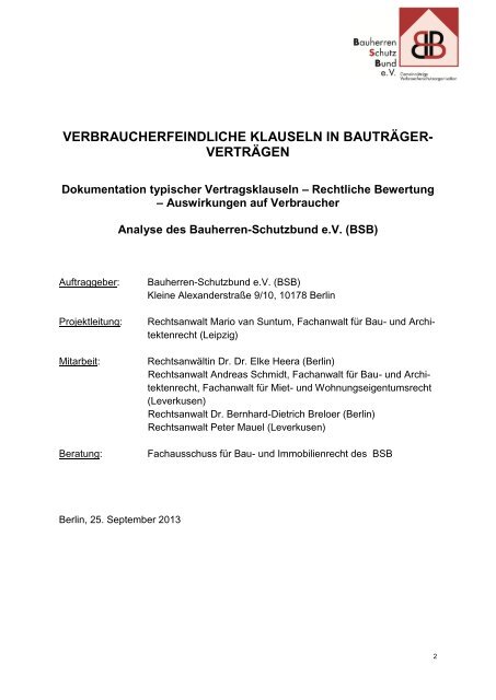 Verbraucherfeindliche Klauseln in Bauträgerverträgen - Bauherren ...