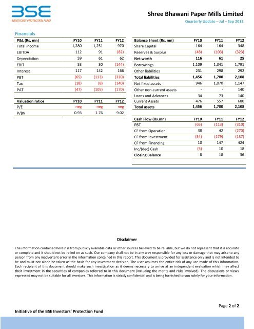 Shree Bhawani Paper Mills Limited - BSE