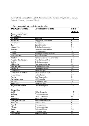 Bienenweidepflanzen-Tabelle