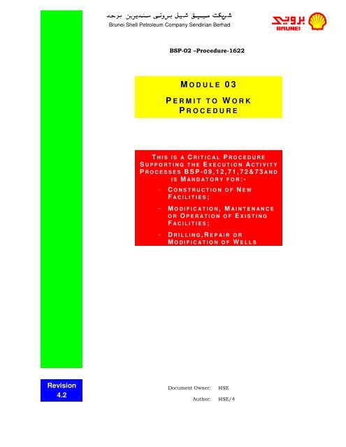 Permit To Work Mod 03 Rev 4 2 Brunei Shell Petroleum