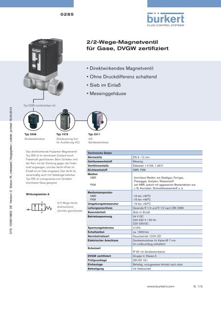 2/2-Wege-Magnetventil für Gase, DVGW zertifiziert