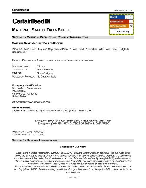 FLINTGLAS MS Cap Sheet CoolStar - MSDS - BuildSite.com