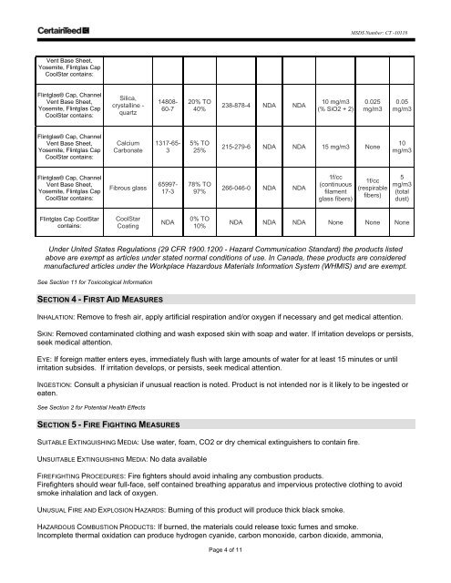 FLINTGLAS MS Cap Sheet CoolStar - MSDS - BuildSite.com