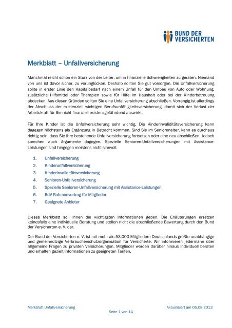 Merkblatt – Unfallversicherung - Bund der Versicherten e.V.
