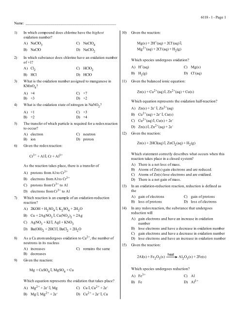 1) In which compound does chlorine have the highest oxidation ...