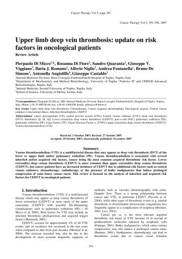 Upper limb deep vein thrombosis: update on risk ... - Cancer Therapy