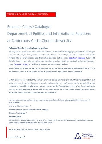 Erasmus Course catalogue Politics and International Relations
