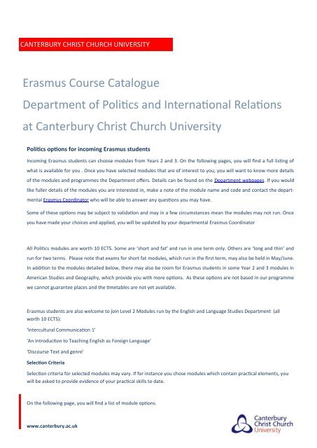 Erasmus Course catalogue Politics and International Relations