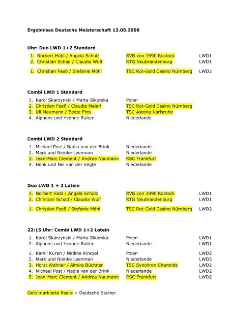 Ergebnisse Deutsche Meisterschaft 13.05.2006 Uhr: Duo LWD 1+2 ...