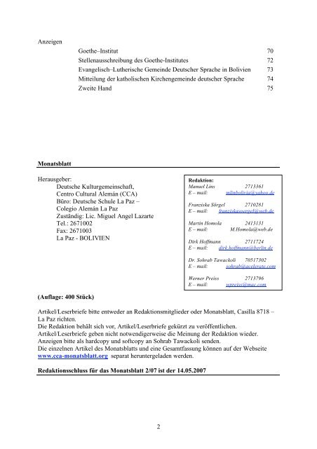 1 Inhalt Thema Seite In eigener Sache 3 ... - CCA Monatsblatt