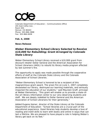 Weber Elementary School Library Selected to Receive $10,000 for ...