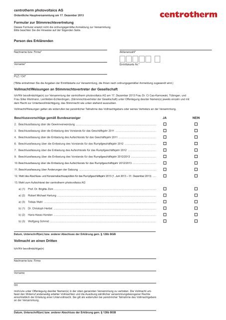 centrotherm photovoltaics AG Formular zur Stimmrechtsvertretung ...