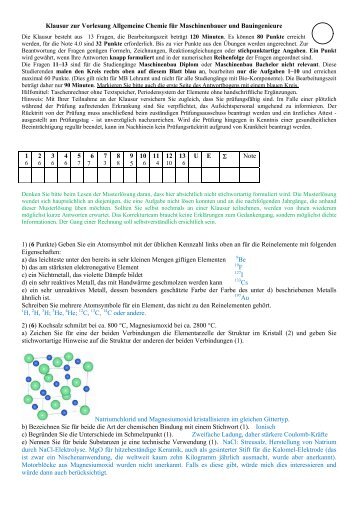 Klausur zur Vorlesung Allgemeine Chemie für Maschinenbauer und ...