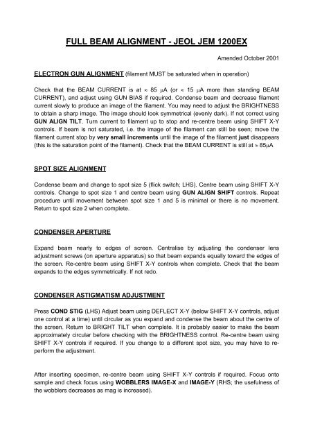 FULL BEAM ALIGNMENT - JEOL JEM 1200EX