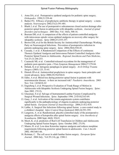 Spinal Fusion Pathway Bibliography 1. Arms DA, et al. Postoperative ...