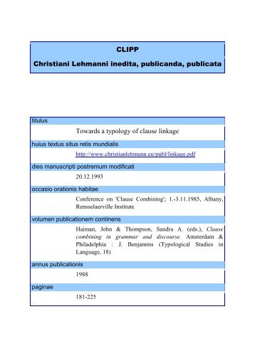 Towards a typology of clause linkage - Christian Lehmann