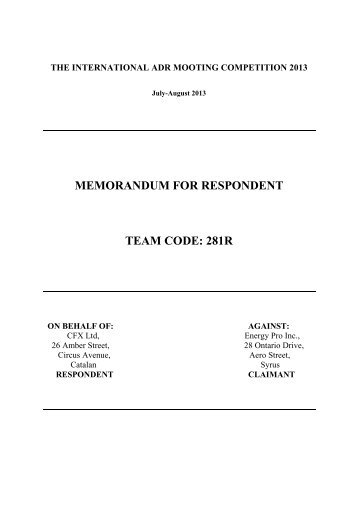 MEMORANDUM FOR RESPONDENT TEAM CODE: 281R