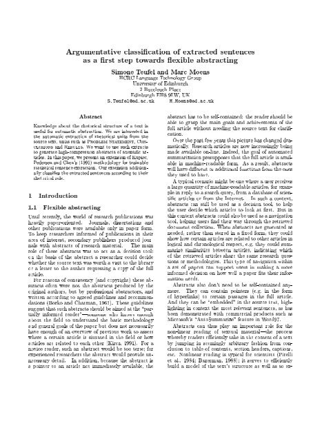 Argumentative classification of extracted sentences as a first step ...