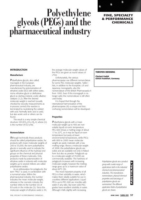 Polyethylene glycols (PEGs) and the pharmaceutical ... - Clariant