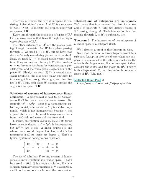 Subspaces of Vector Spaces Math 130 Linear Algebra