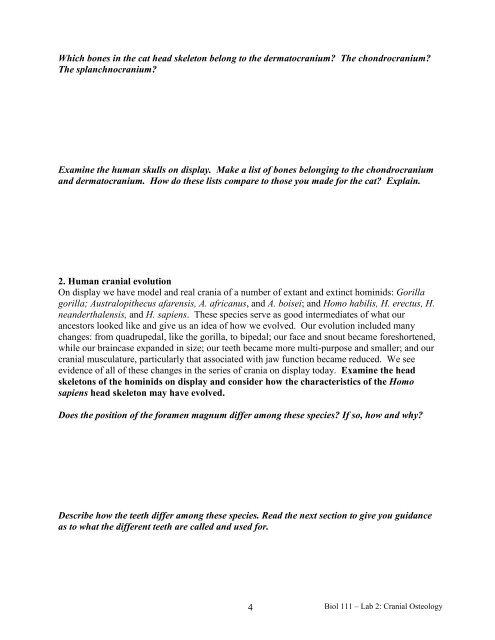 Biol 111 – Comparative & Human Anatomy Lab 2: Cranial Osteology