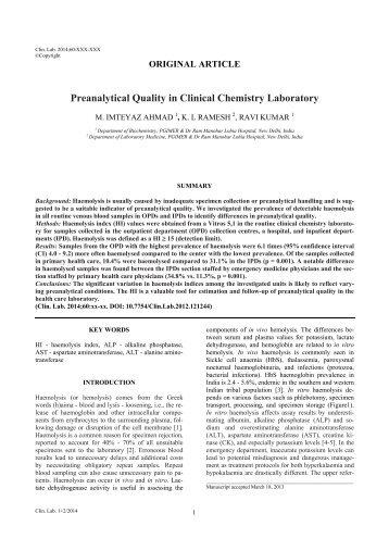 Preanalytical Quality in Clinical Chemistry Laboratory